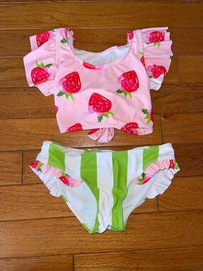 Girls Pink Strawberry Print Ruffle Two-Piece Swim Set